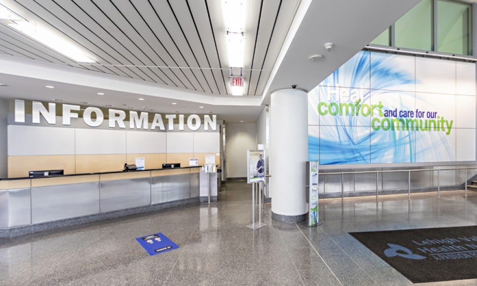 Main (north) entrance information and welcome desk at Lehigh Valley Hospital–Muhlenberg, first floor