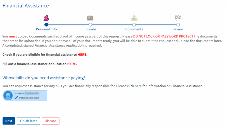 Select the patients who are applying for financial assistance in MyLVHN