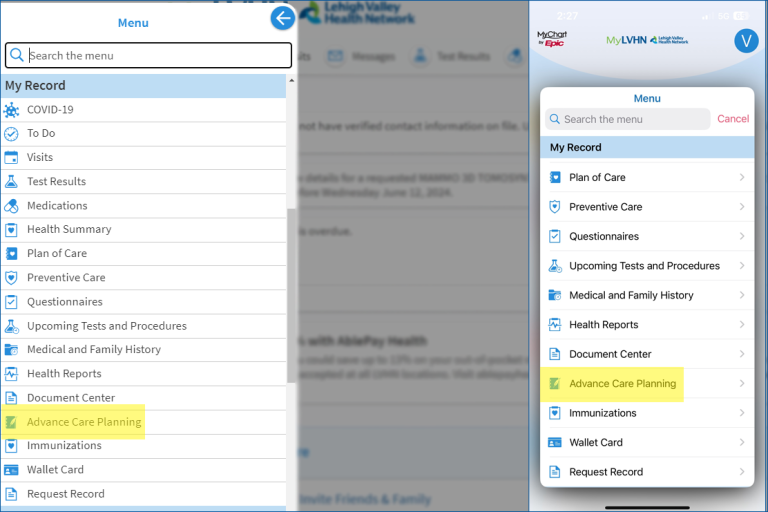 Advance Care Planning (MyLVHN Menu)