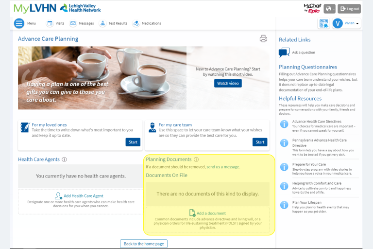 Advance Care Planning - Add a document in MyLVHN
